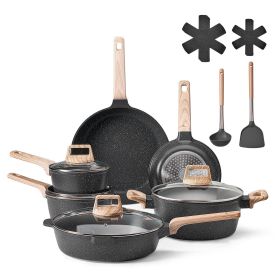 17 Piece Pots and Pans Set Granite Nonstick Kitchen Cookware Induction Black (Color: BLACK, Quantity of Cookware: 6)